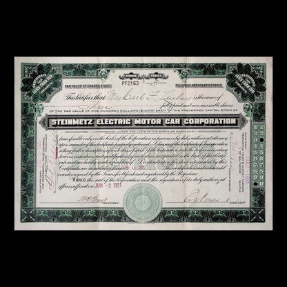 Steinmetz Electric Motor Car Corporation Stock Certificate from 1921