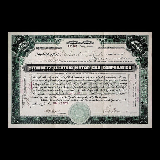 Steinmetz Electric Motor Car Corporation Stock Certificate from 1921