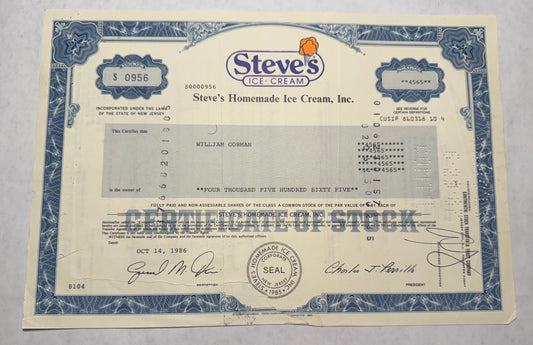 Steve's Homemade Ice Cream, Inc Stock Certificate