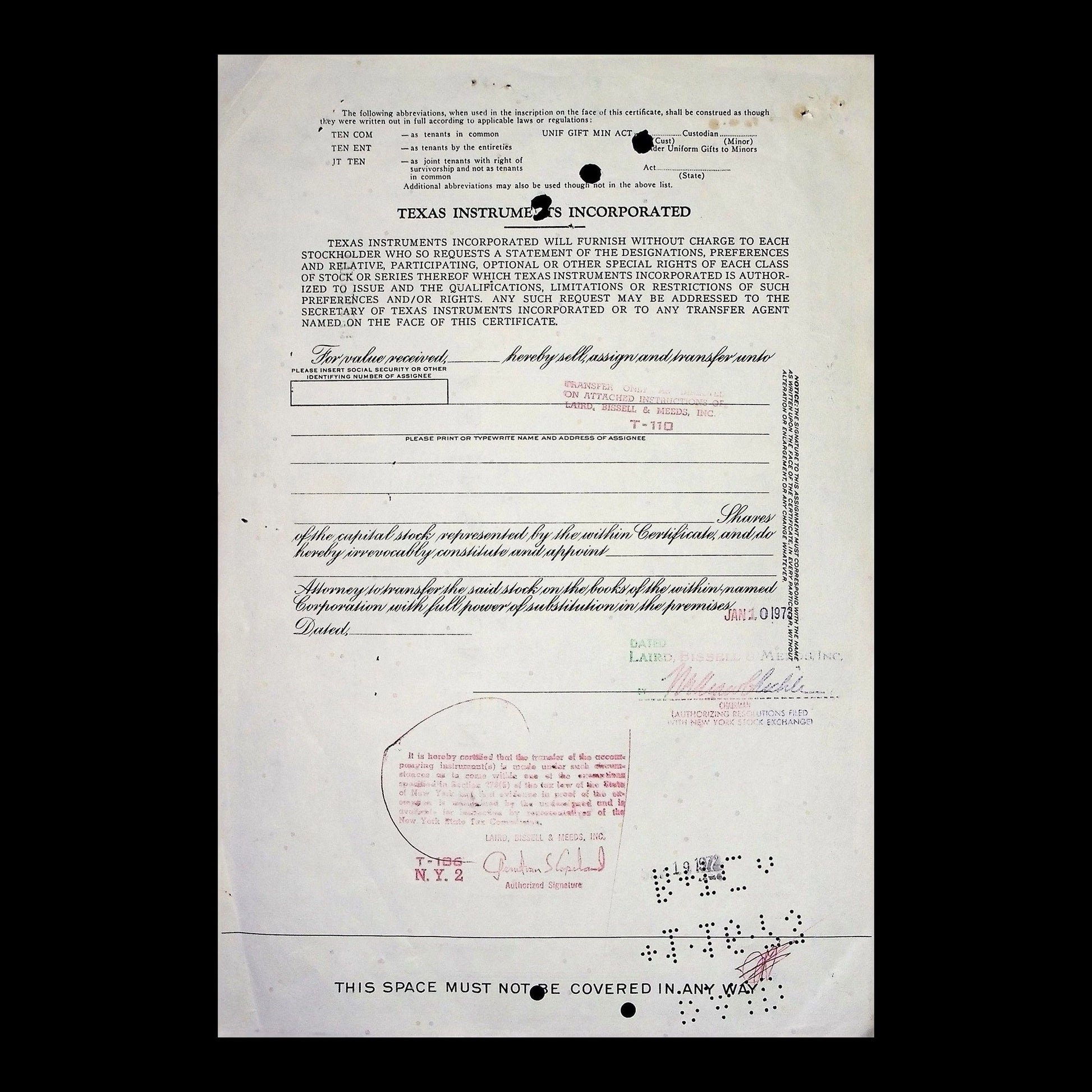 Texas Instruments Incorporated Stock Certificate Specimen