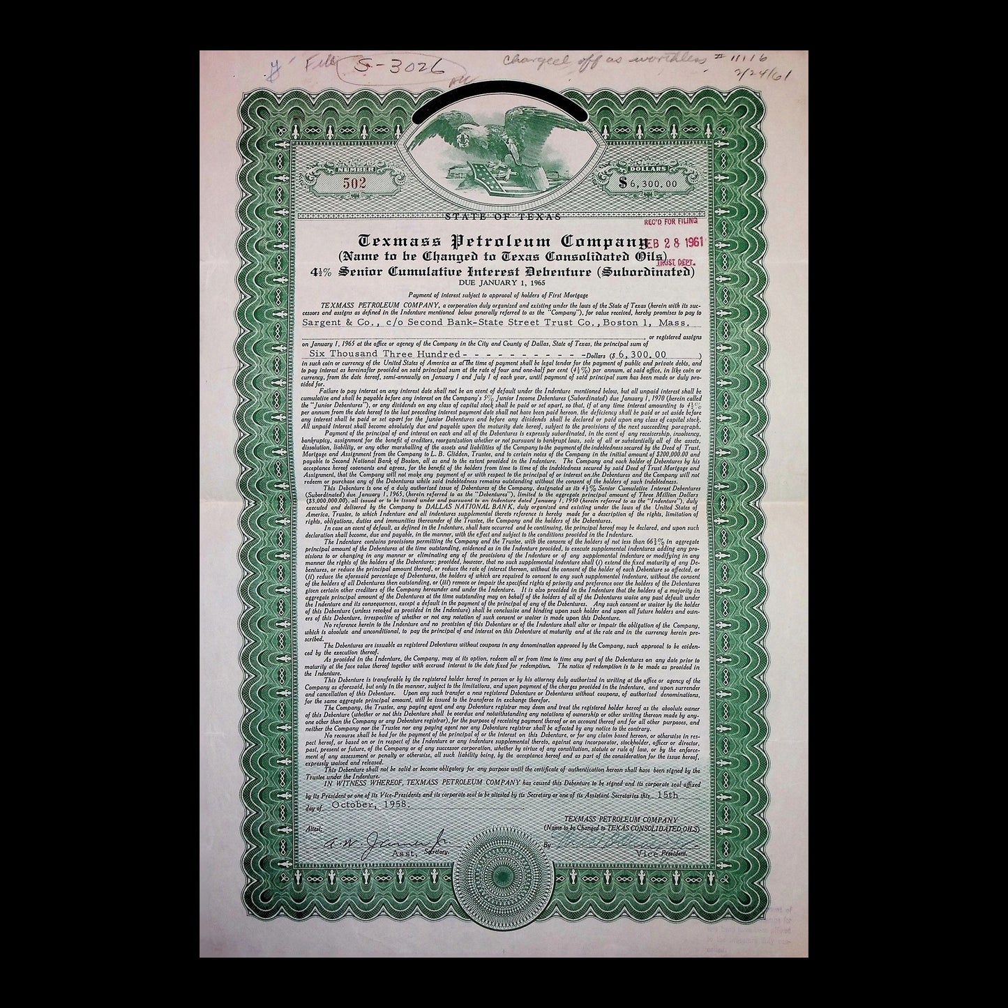 Texmass Petroleum Company Bond from 1961