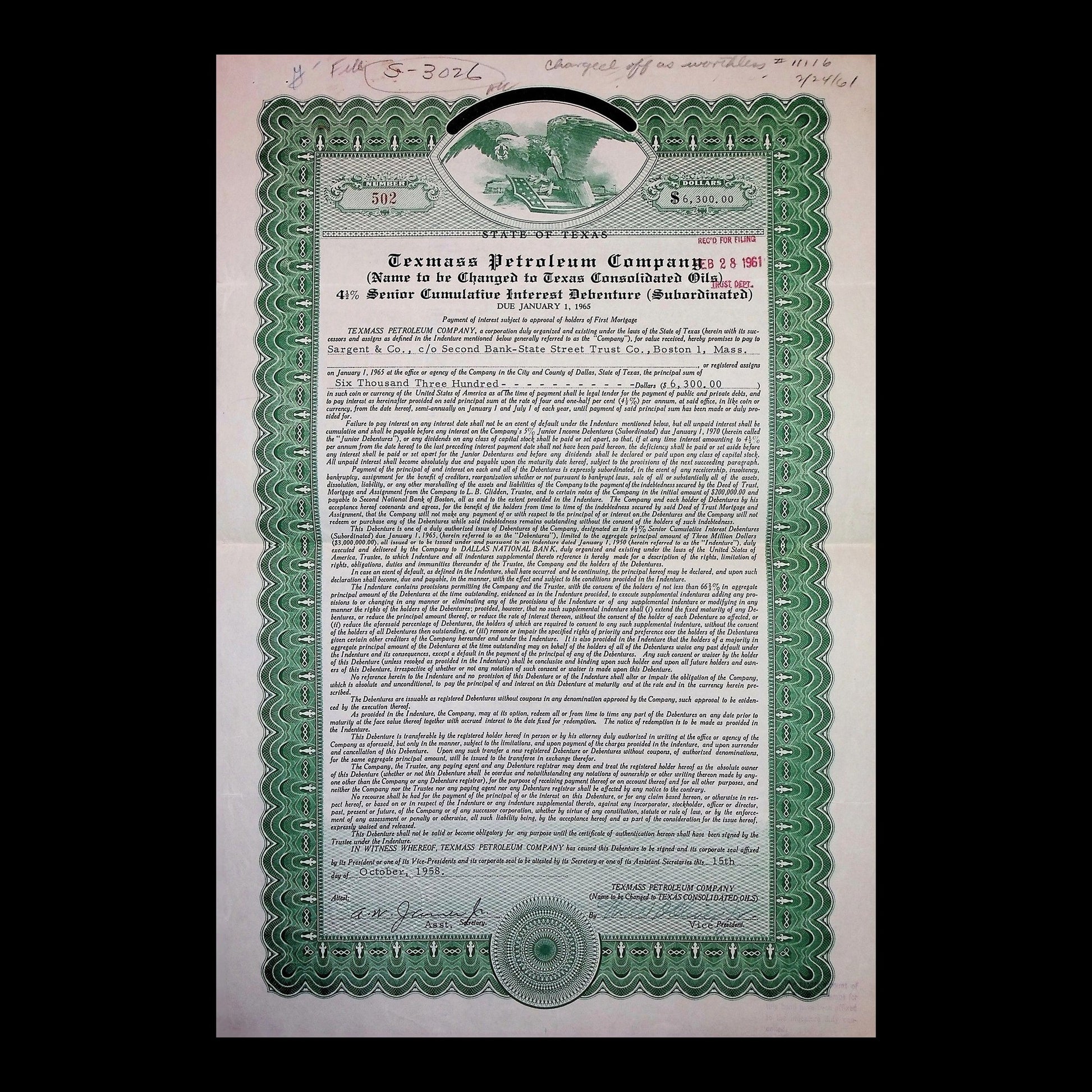 Texmass Petroleum Company Bond from 1961