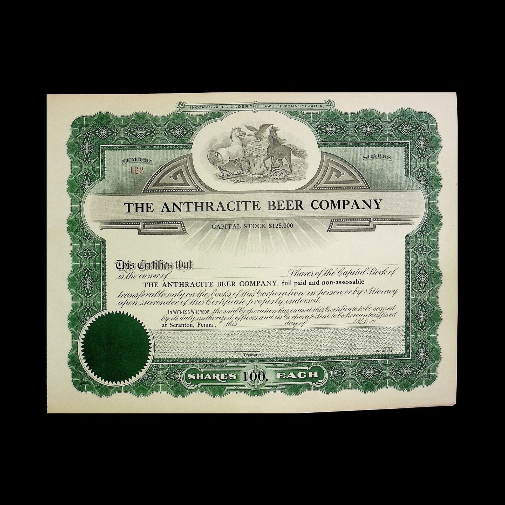 The Anthracite Beer Company Stock Certificate