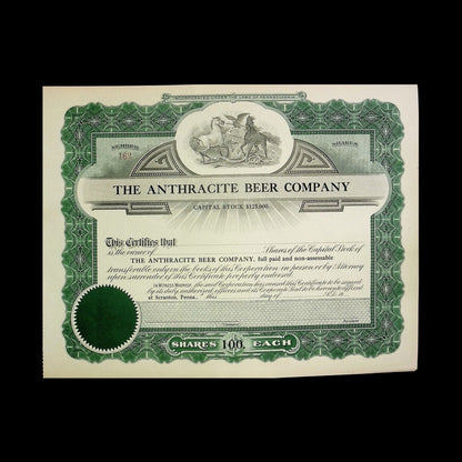 The Anthracite Beer Company Stock Certificate