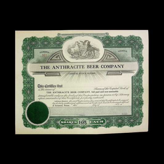 The Anthracite Beer Company Stock Certificate
