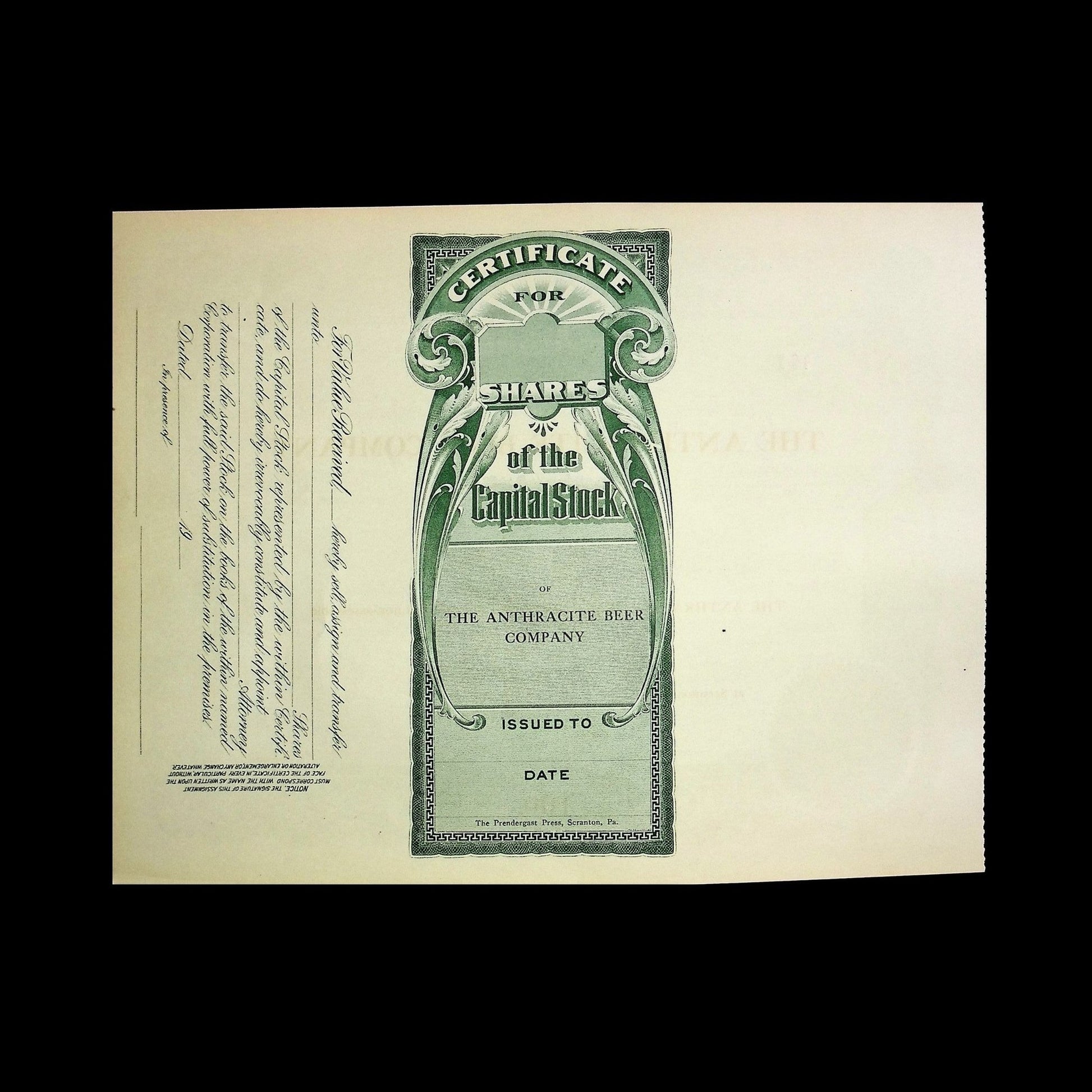 The Anthracite Beer Company Stock Certificate