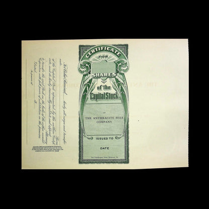 The Anthracite Beer Company Stock Certificate
