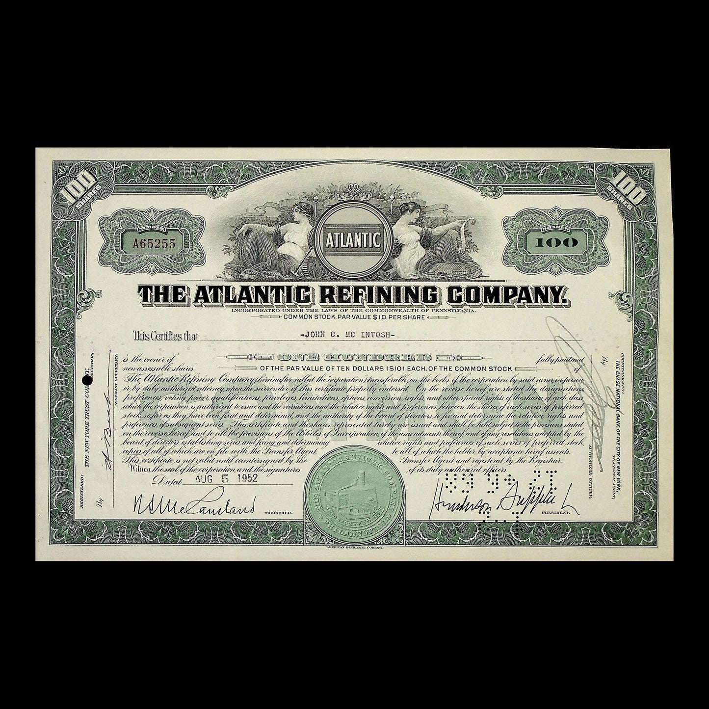Atlantic Refining Company Stock Certificate from 1952