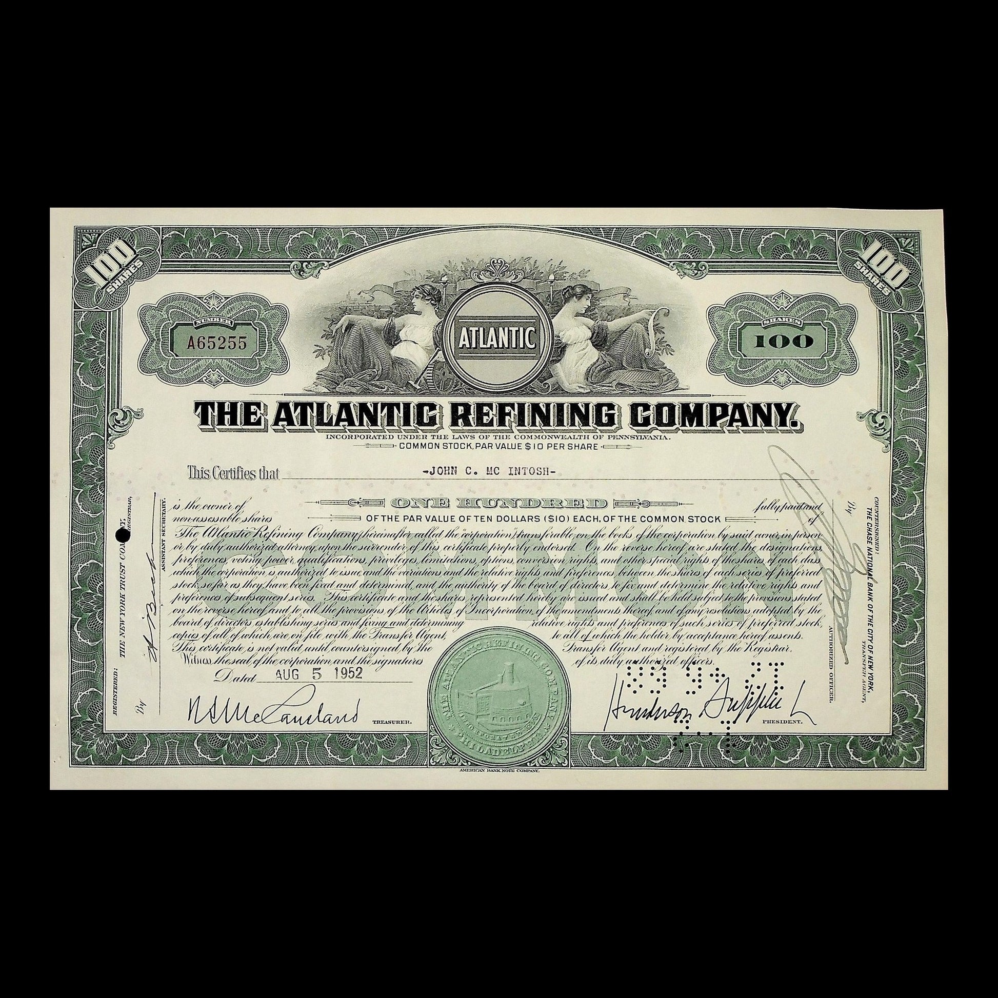 Atlantic Refining Company Stock Certificate from 1952
