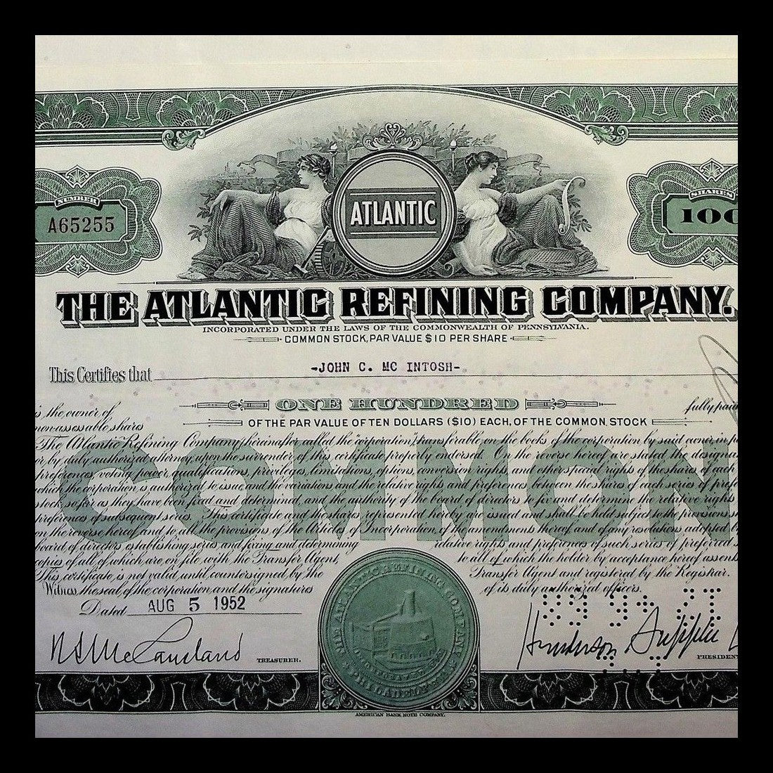 Atlantic Refining Company Stock Certificate from 1952