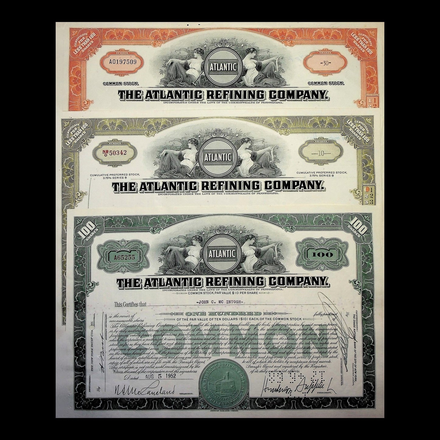 Atlantic Refining Company Stock Certificate from 1952