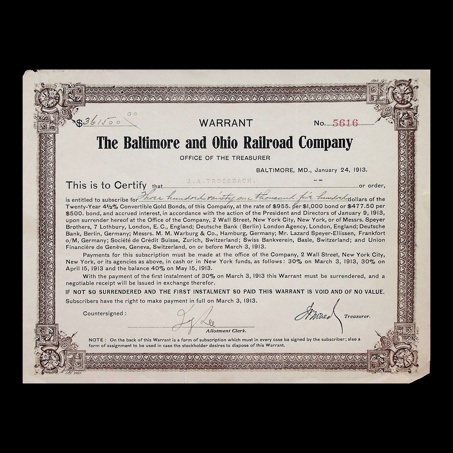 The Baltimore and Ohio Railroad Company Warrant from 1913