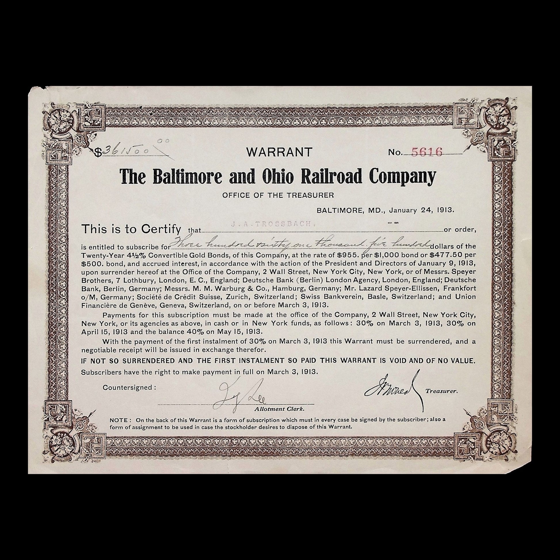 The Baltimore and Ohio Railroad Company Warrant from 1913