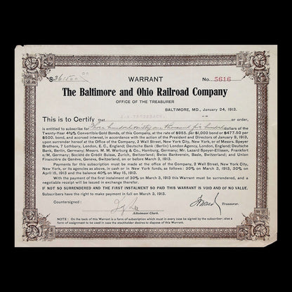 The Baltimore and Ohio Railroad Company Warrant from 1913
