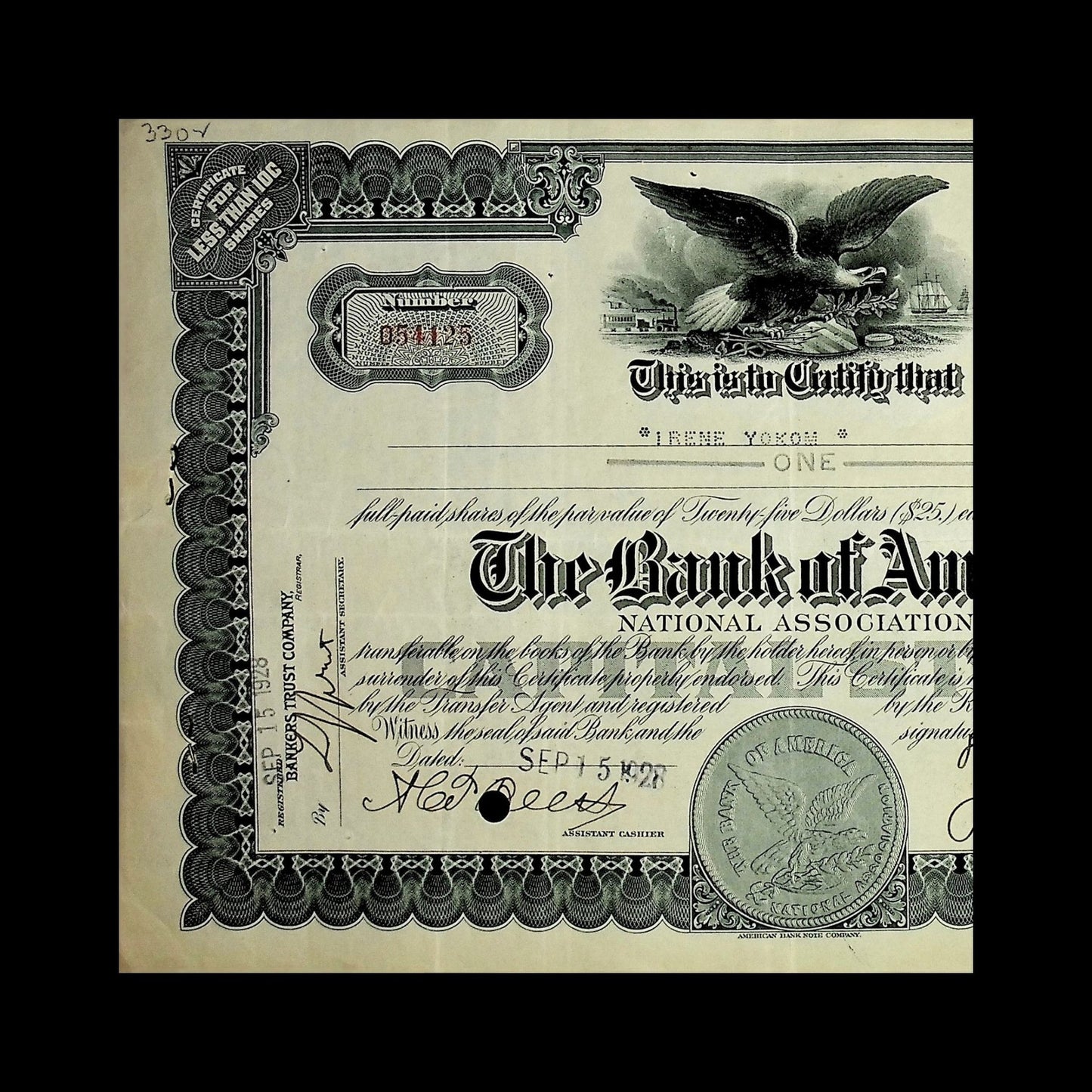 The Bank of America National Association Stock Certificate from 1909