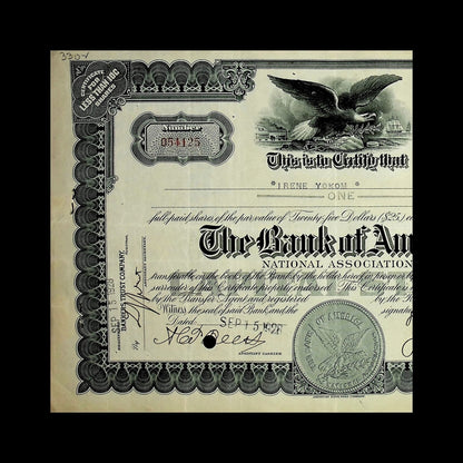 The Bank of America National Association Stock Certificate from 1909