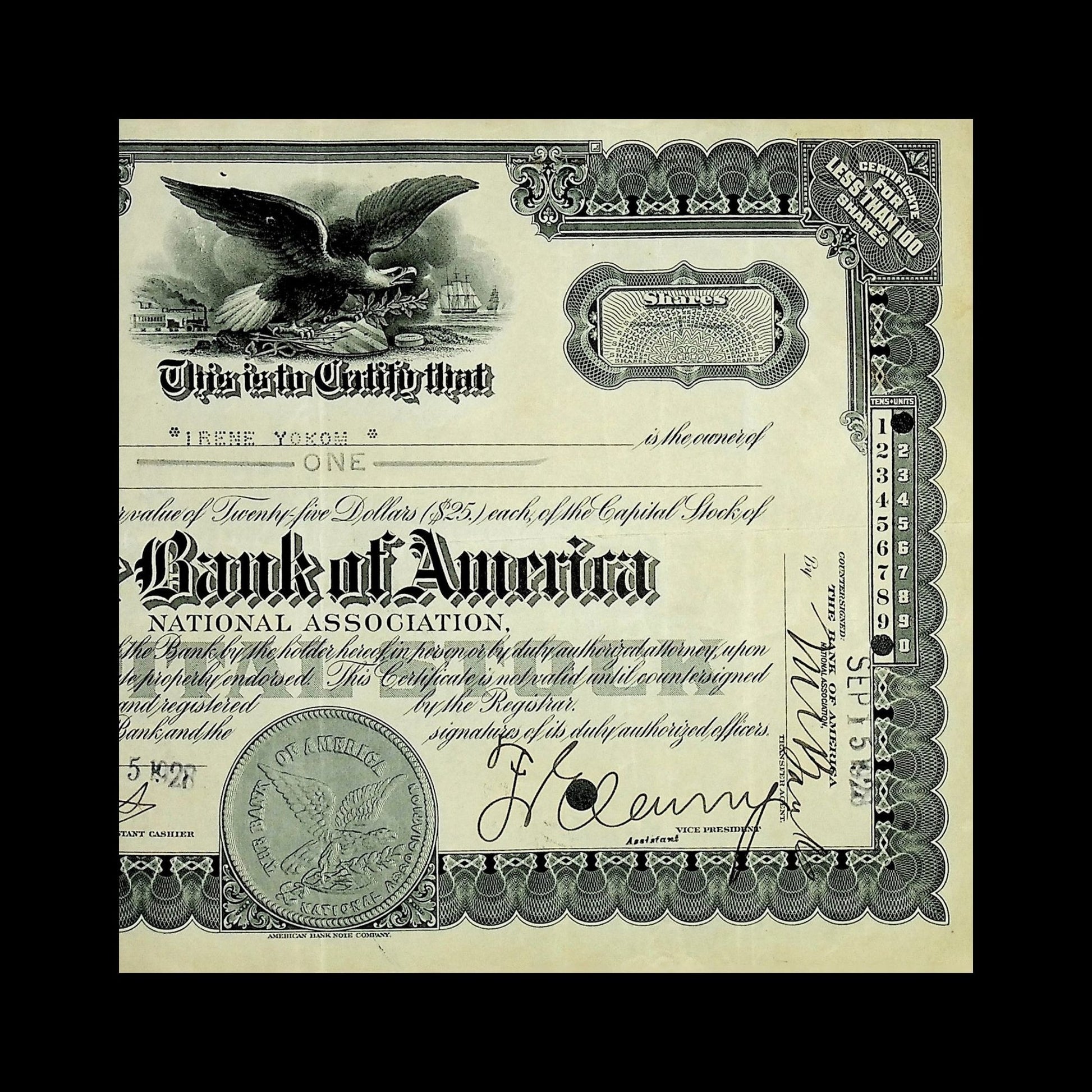 The Bank of America National Association Stock Certificate from 1909