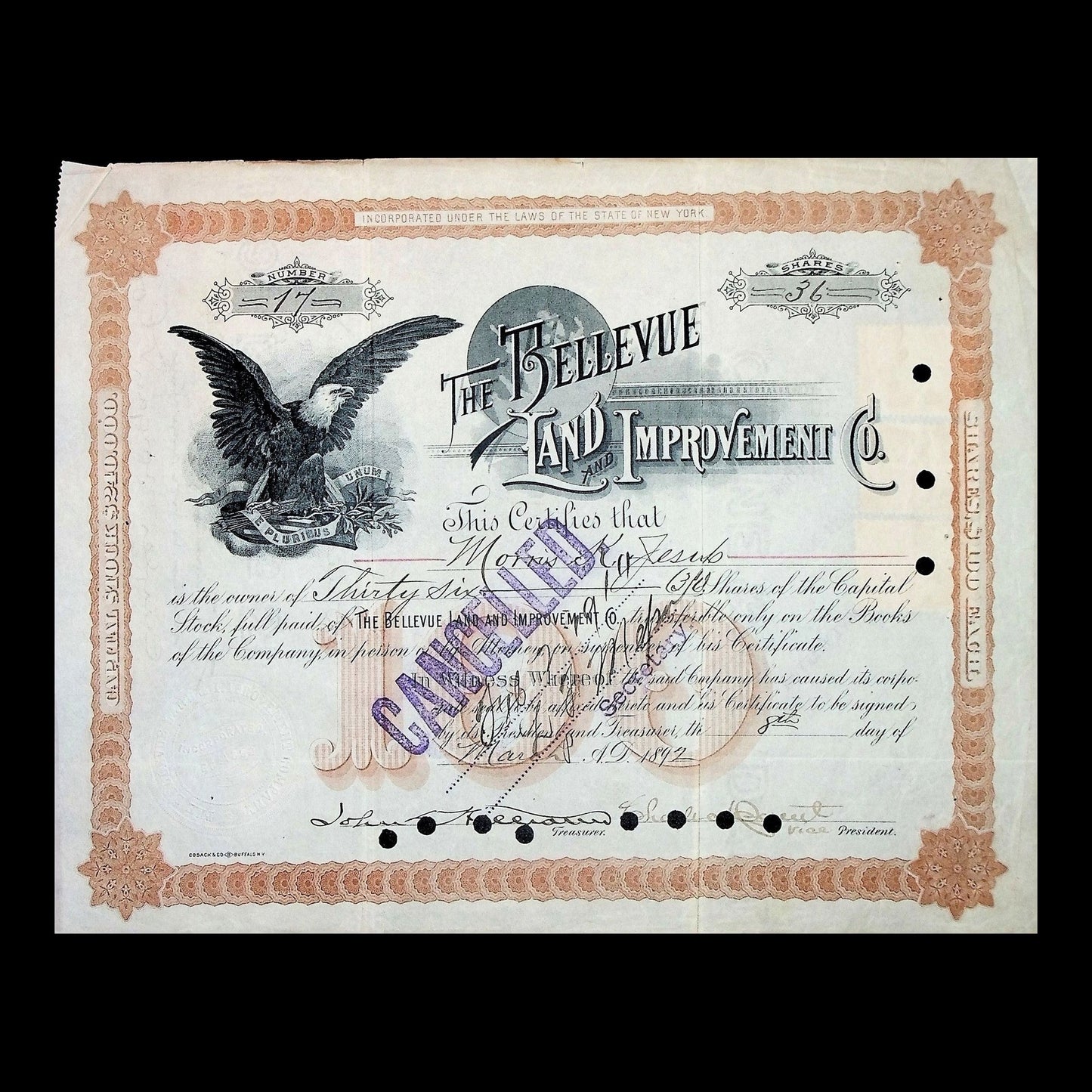 The Bellevue Land and Improvement Company Stock Certificate from 1892