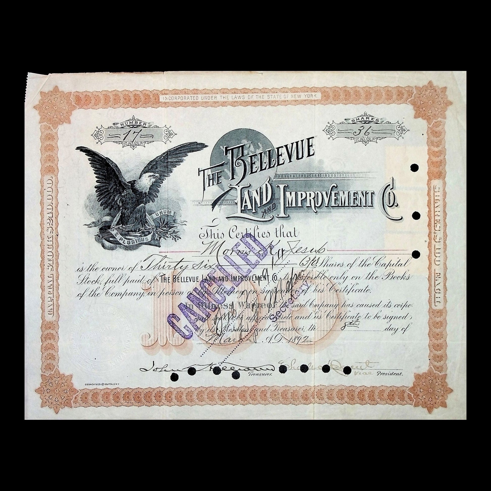 The Bellevue Land and Improvement Company Stock Certificate from 1892