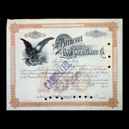 The Bellevue Land and Improvement Company Stock Certificate from 1892