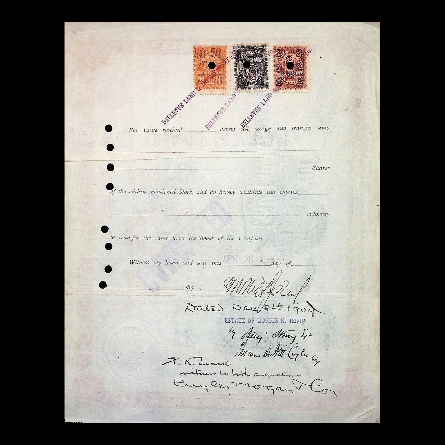The Bellevue Land and Improvement Company Stock Certificate from 1892