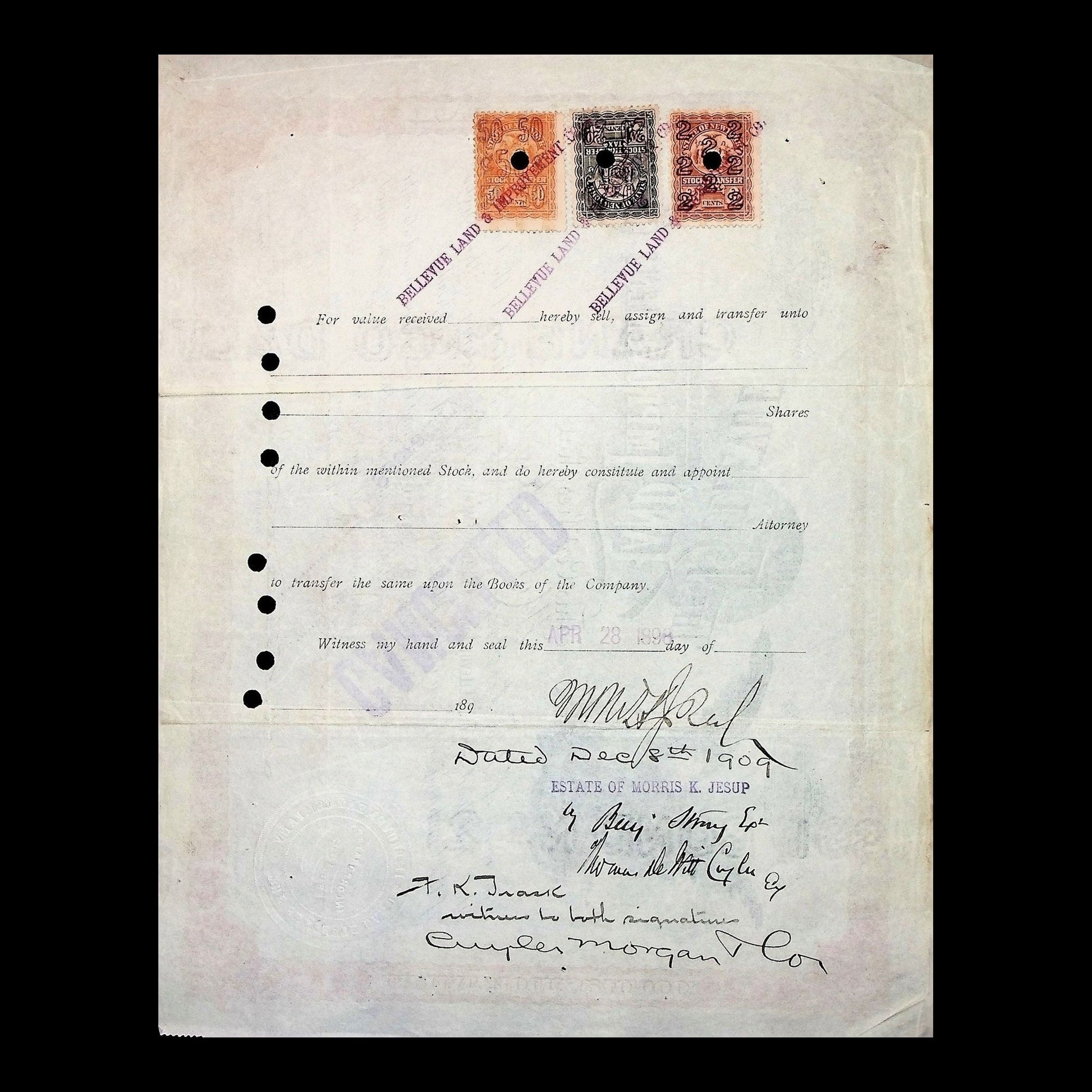 The Bellevue Land and Improvement Company Stock Certificate from 1892