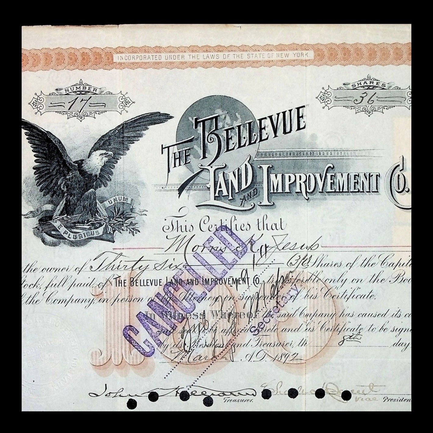 The Bellevue Land and Improvement Company Stock Certificate from 1892