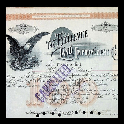 The Bellevue Land and Improvement Company Stock Certificate from 1892