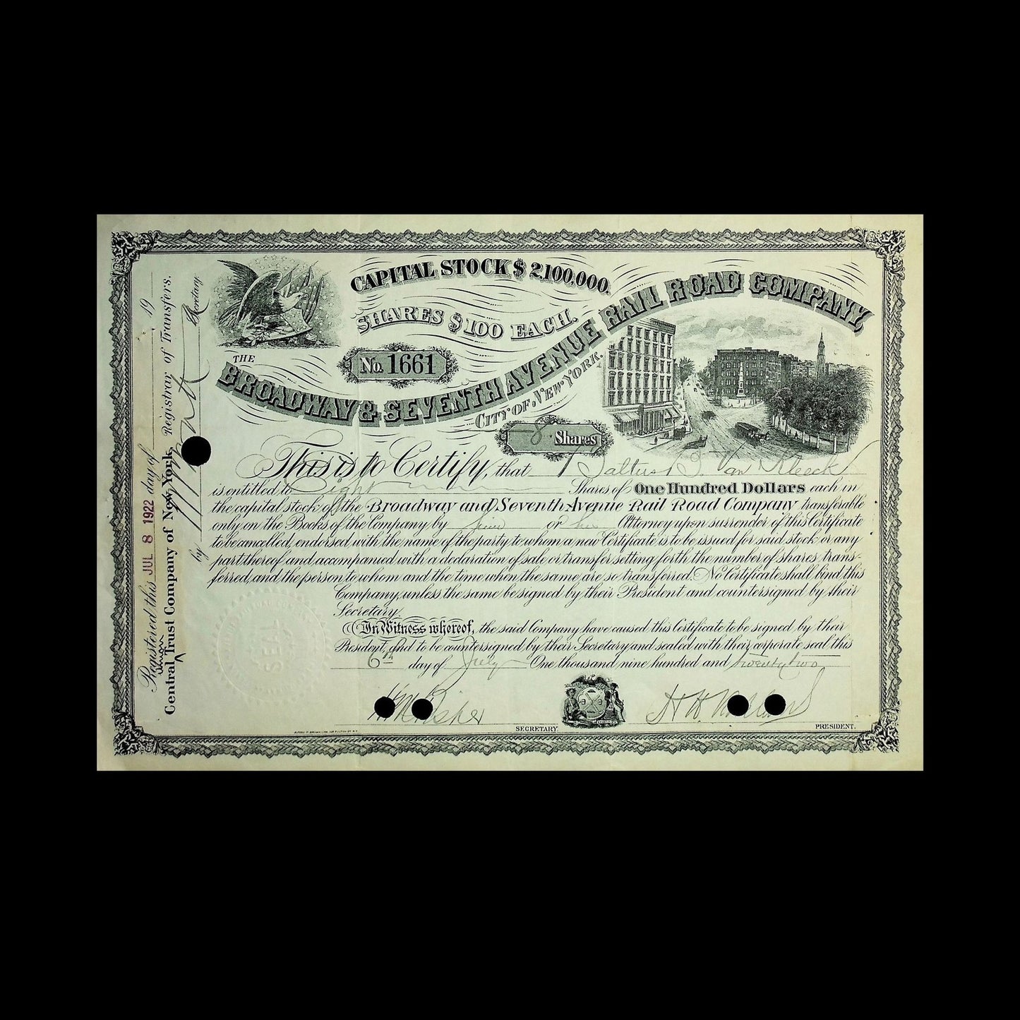 Broadway & Seventh Avenue Rail Road Stock Certificate from 1921
