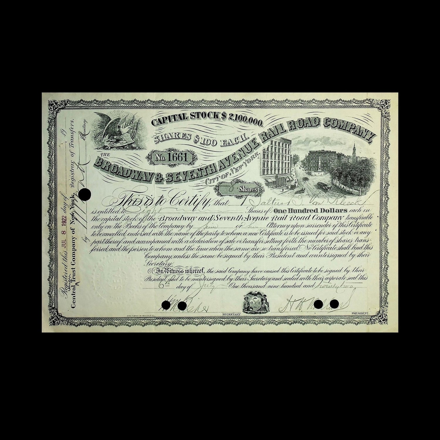 Broadway & Seventh Avenue Rail Road Stock Certificate from 1921