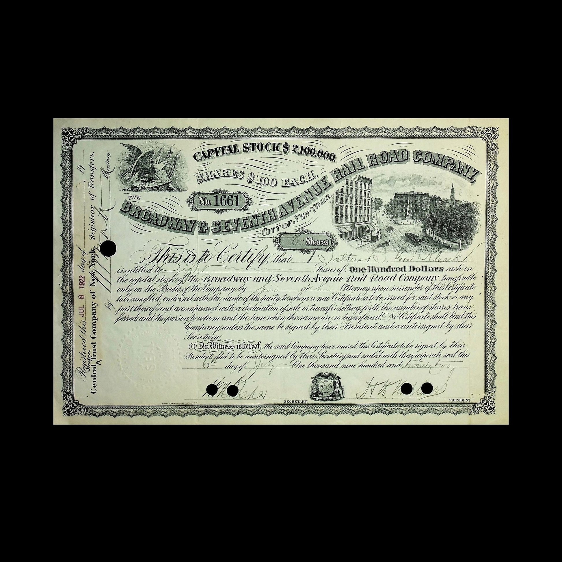Broadway & Seventh Avenue Rail Road Stock Certificate from 1921