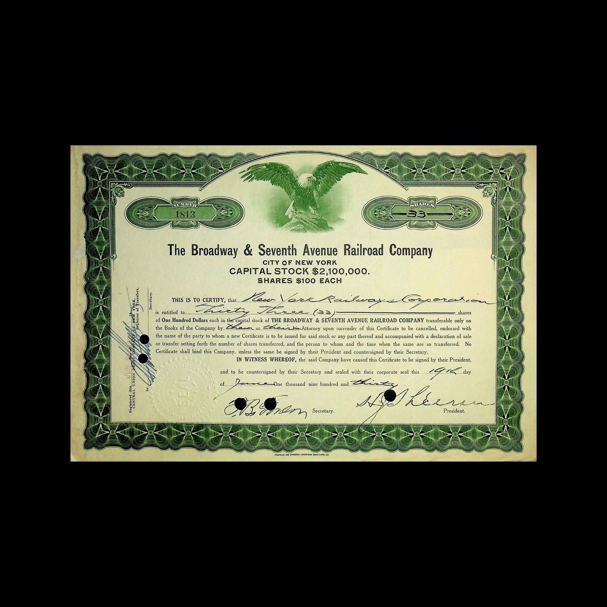 The Broadway & Seventh Avenue Railroad Company Stock Certificate from 1913