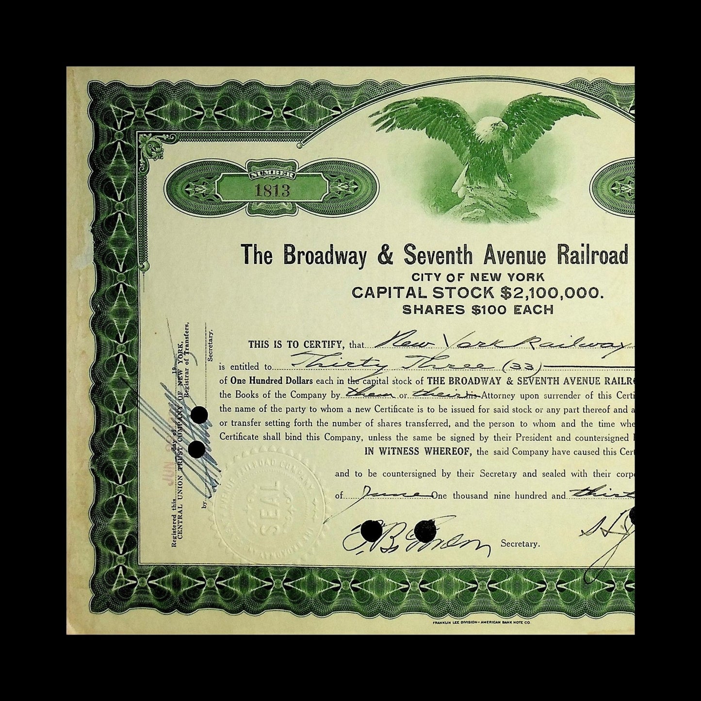 The Broadway & Seventh Avenue Railroad Company Stock Certificate from 1913