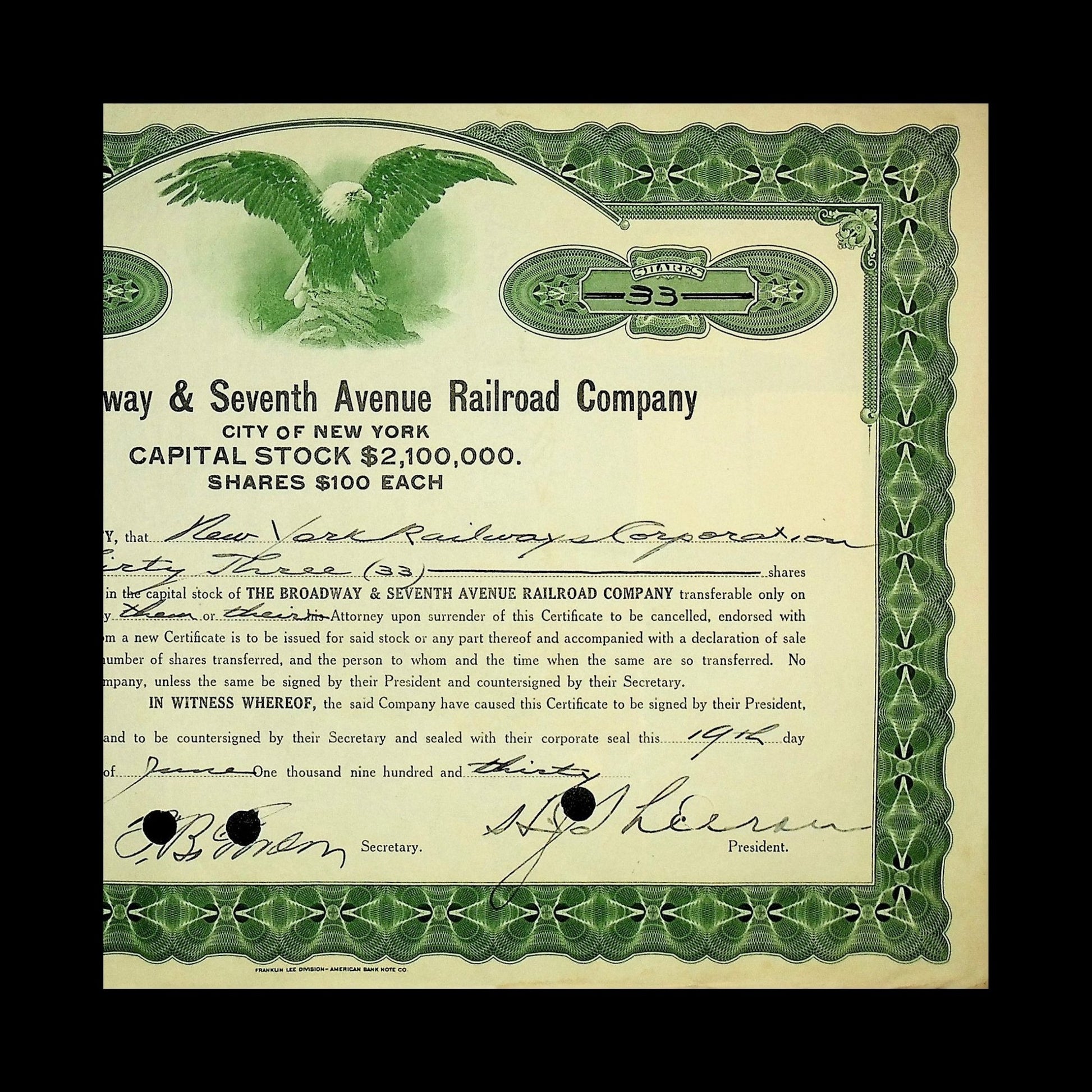 The Broadway & Seventh Avenue Railroad Company Stock Certificate from 1913