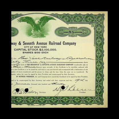 The Broadway & Seventh Avenue Railroad Company Stock Certificate from 1913