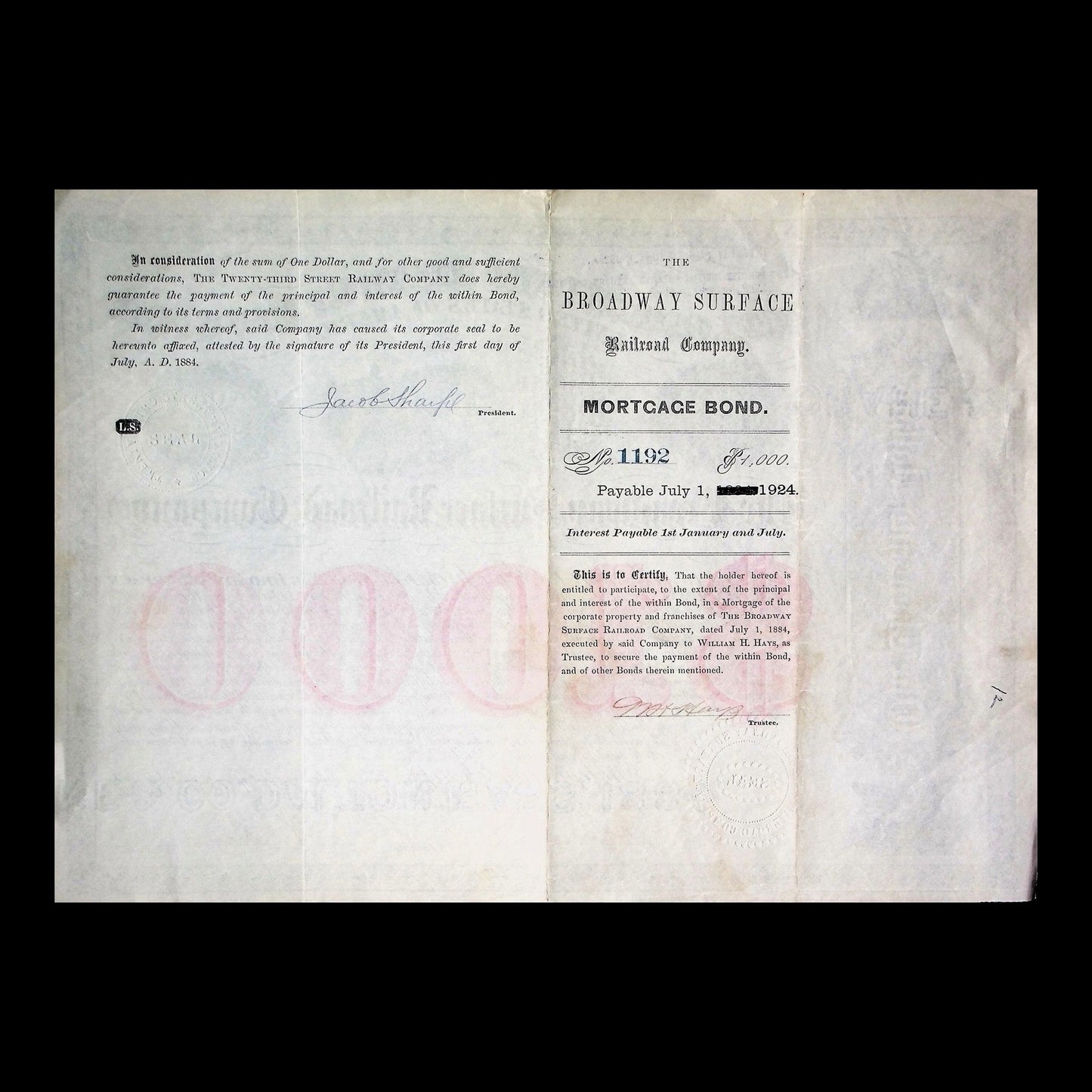 Broadway Surface Railroad Company Bond from 1884