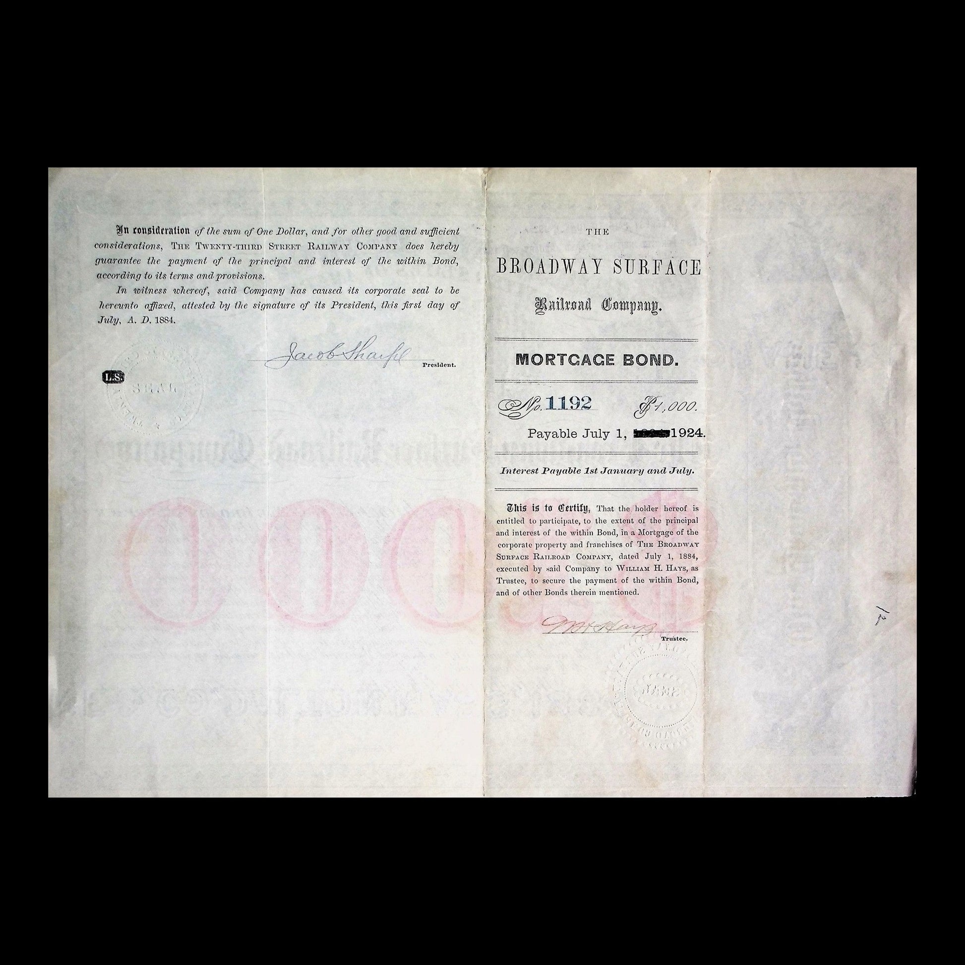 Broadway Surface Railroad Company Bond from 1884