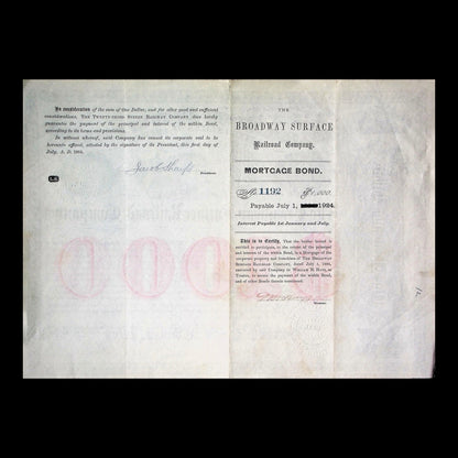 Broadway Surface Railroad Company Bond from 1884