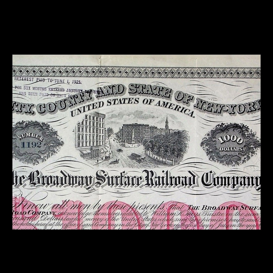 Broadway Surface Railroad Company Bond from 1884