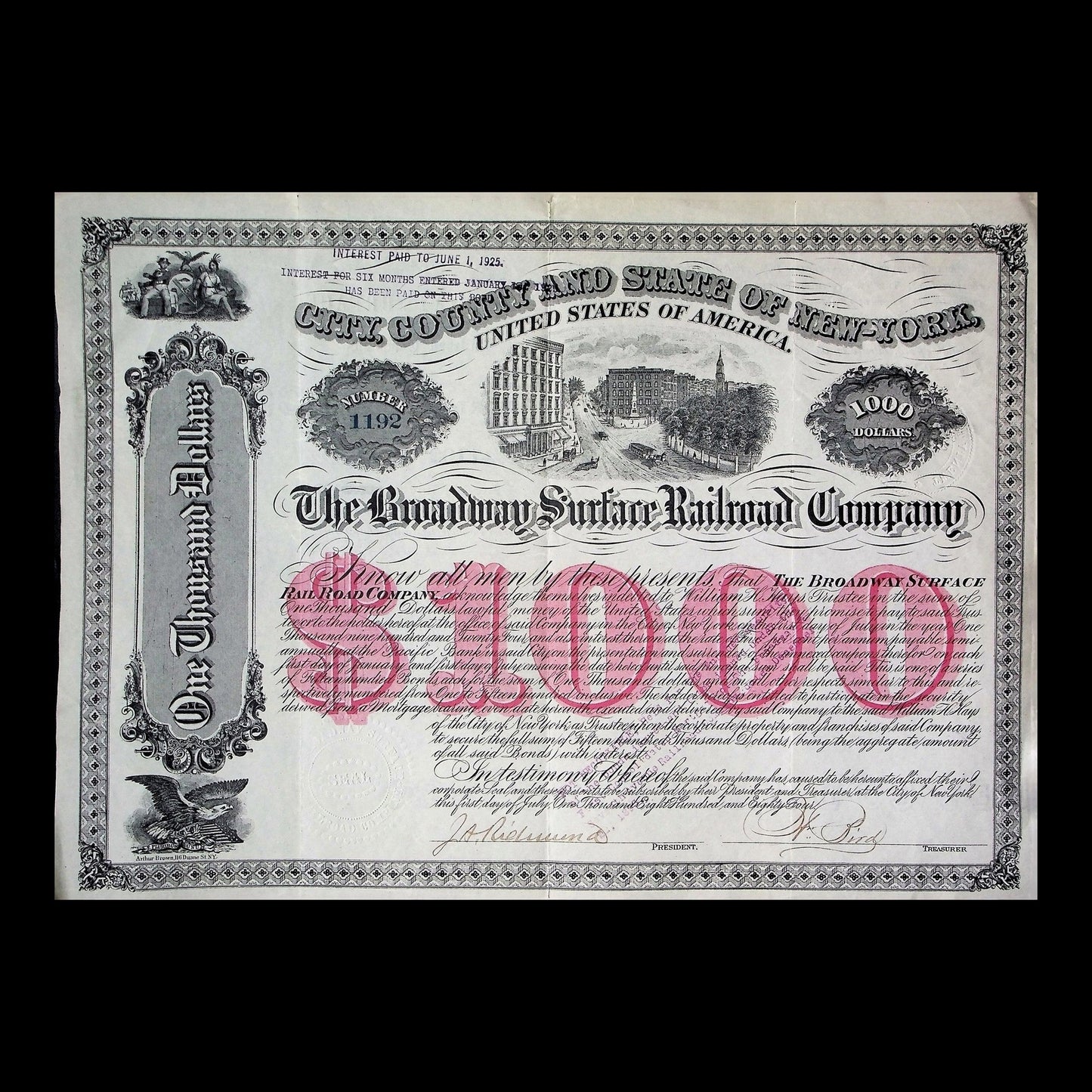 Broadway Surface Railroad Company Bond from 1884