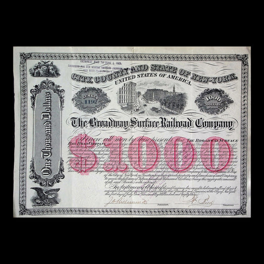 Broadway Surface Railroad Company Bond from 1884