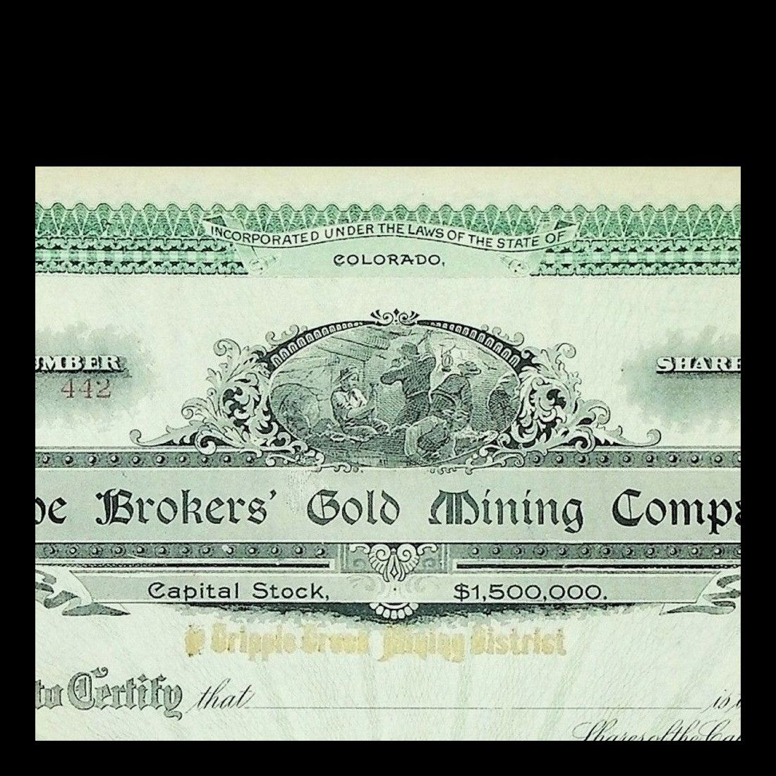 Ornate green 1890 Colorado gold mining stock certificate with a central illustration of miners working underground.