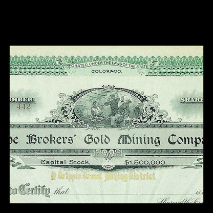 Ornate green 1890 Colorado gold mining stock certificate with a central illustration of miners working underground.