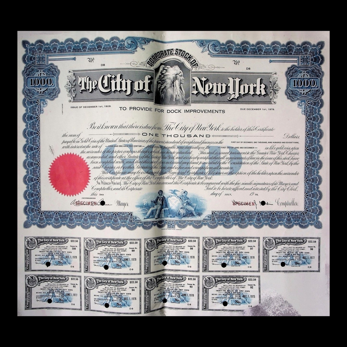 The City of New York Dock Improvement Bond from 1929