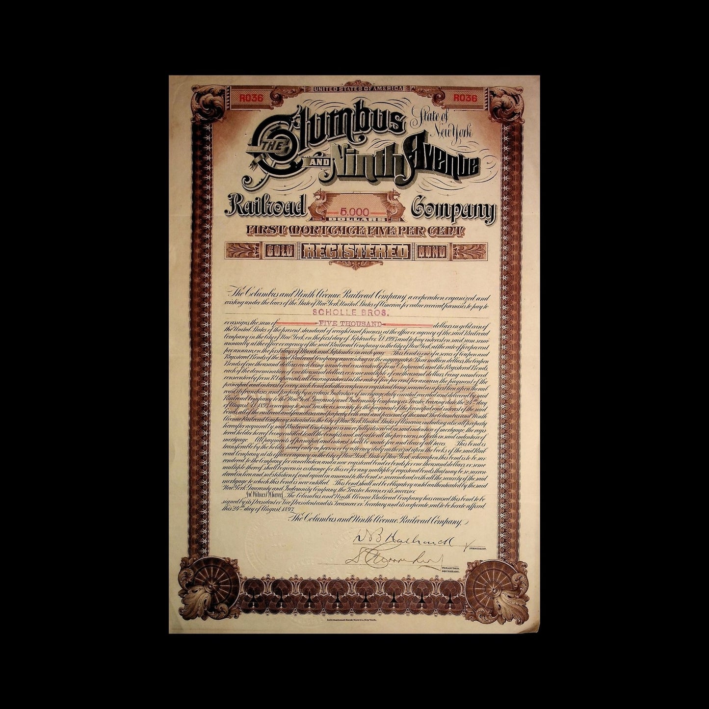 Columbus and Ninth Avenue Railroad Company Bond from 1880s