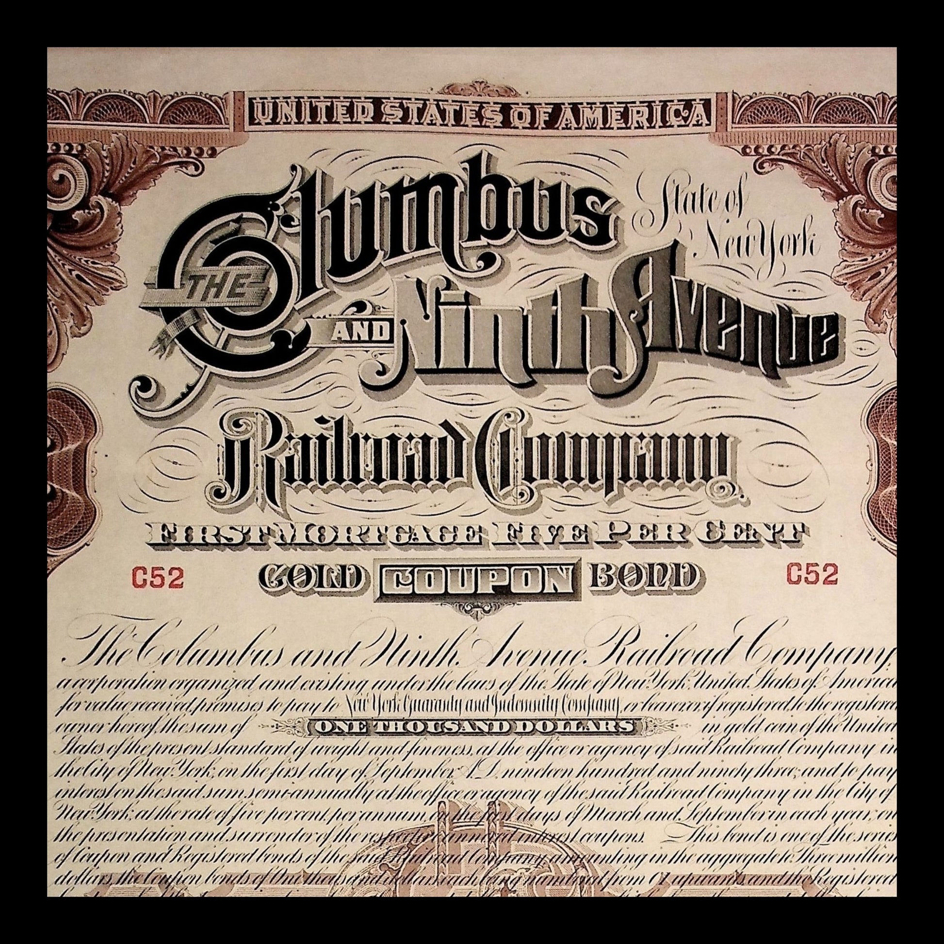 Columbus and Ninth Avenue Railroad Company Bond from 1880s