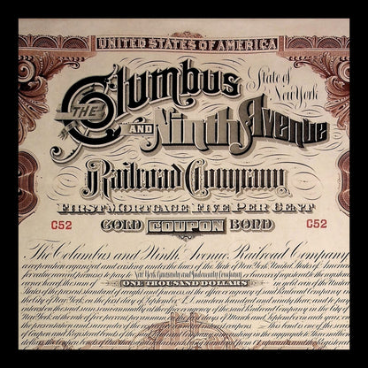 Columbus and Ninth Avenue Railroad Company Bond from 1880s