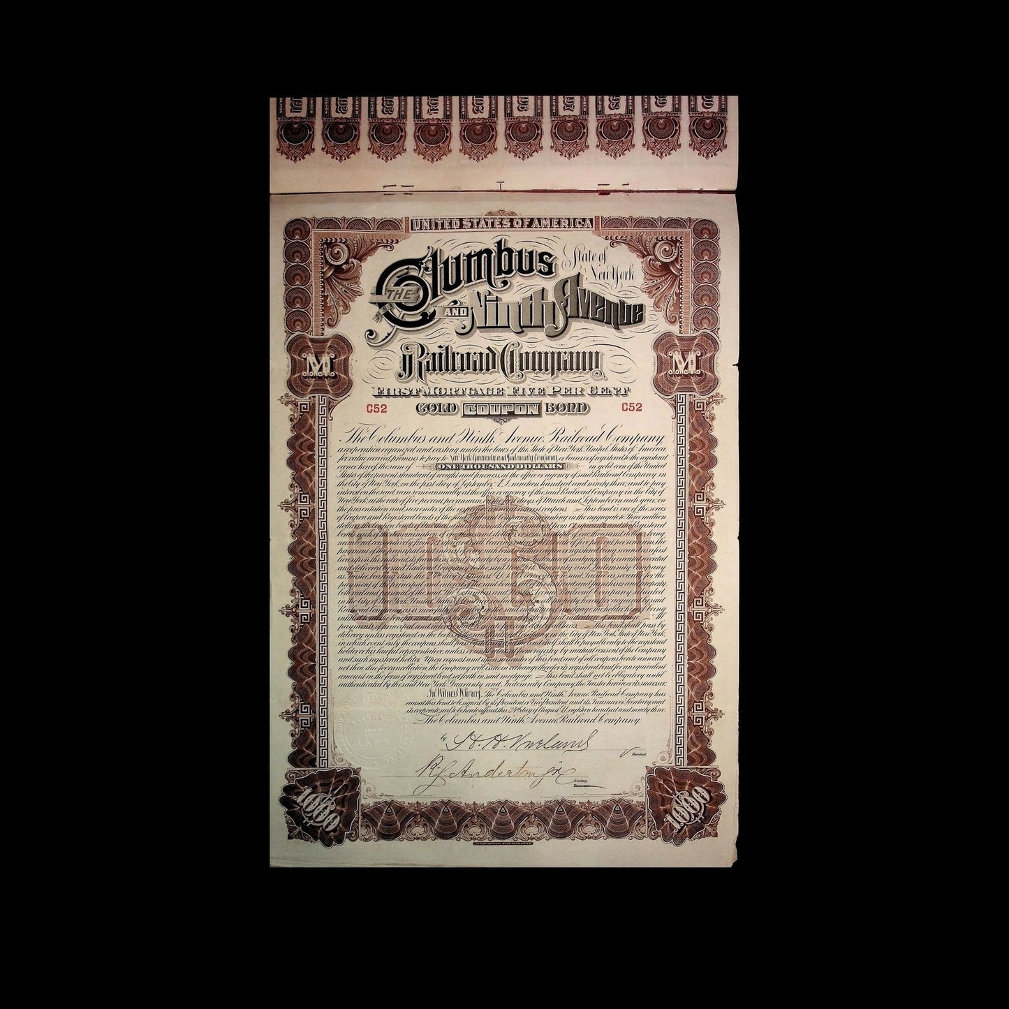 Columbus and Ninth Avenue Railroad Company Bond from 1880s