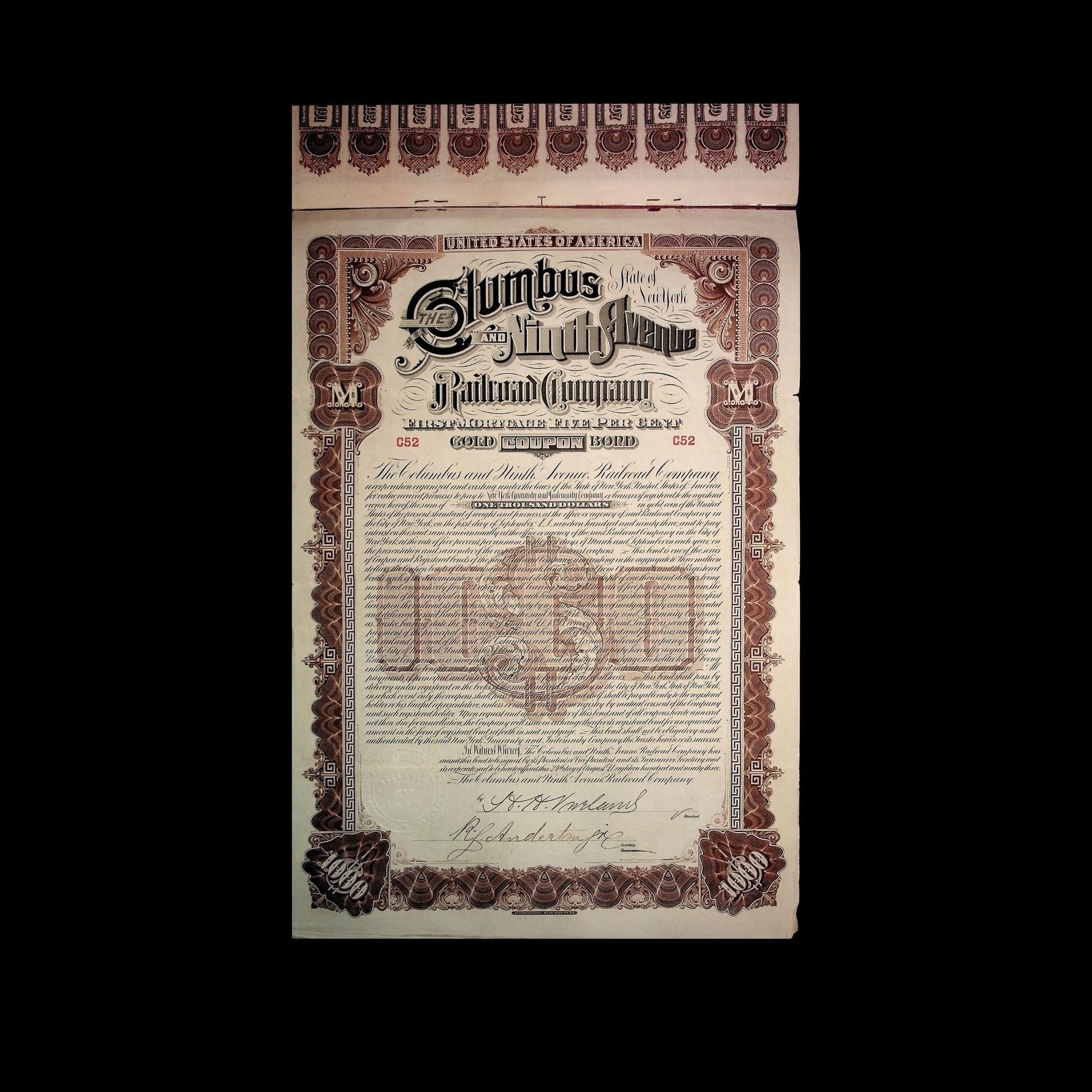 Columbus and Ninth Avenue Railroad Company Bond from 1880s