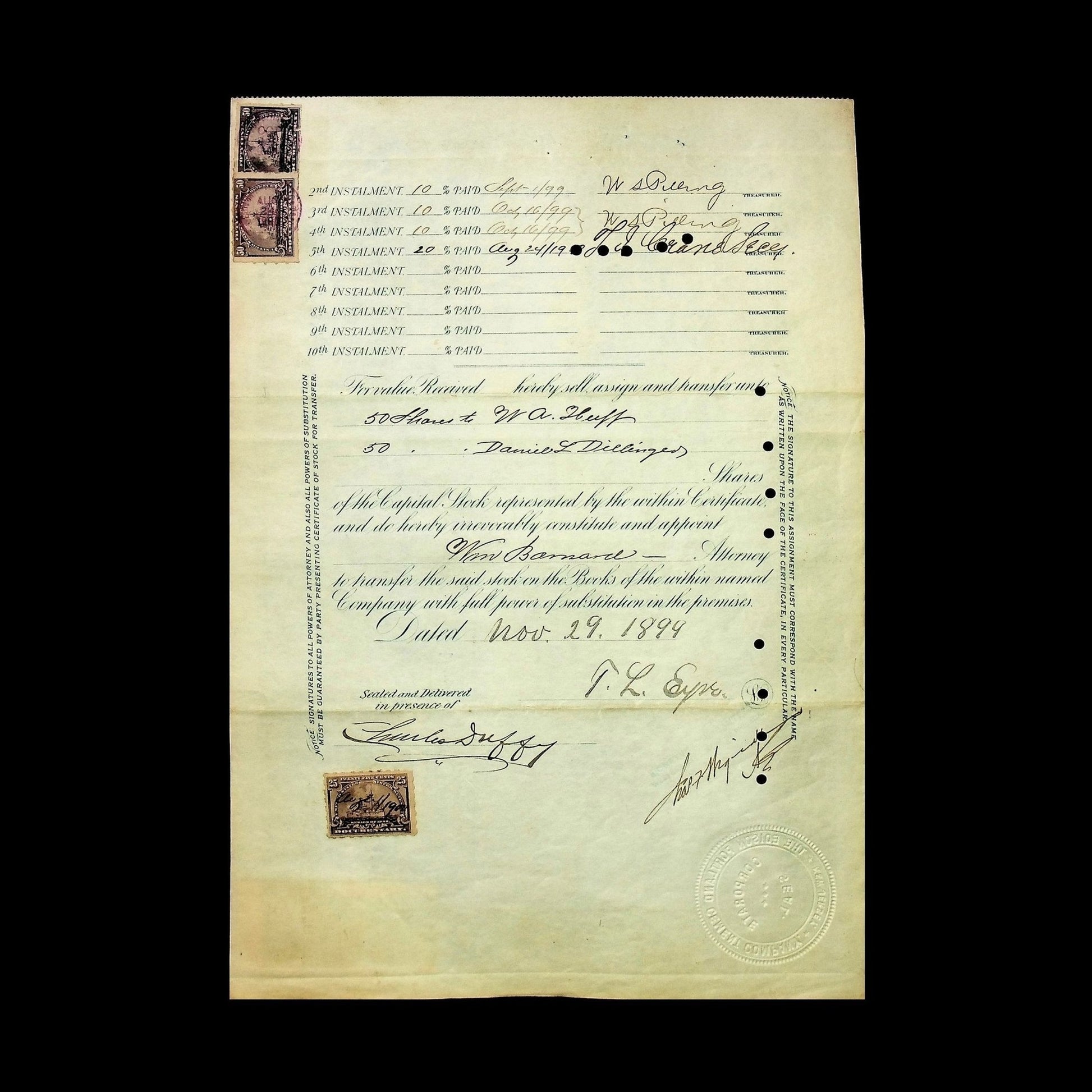 The Edison Portland Cement Company Stock Certificate from 1899